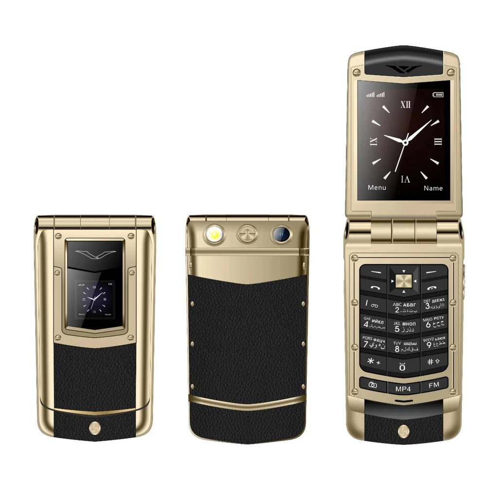 Luxury Metal Flip Phone for Men Dual SIM Business Phone Big Button Dual Screen Magic Voice Blacklist Senior Classic Mobile
