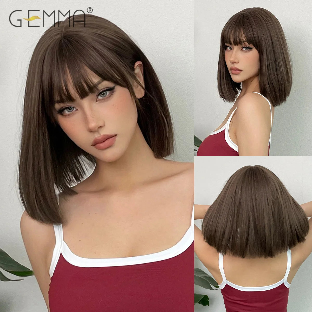 Ombre Blonde Pink Bob Wig with Fluffy Bangs Synthetic Short Straight Wigs for Black Women Heat Resistant Cosplay Daily Hair