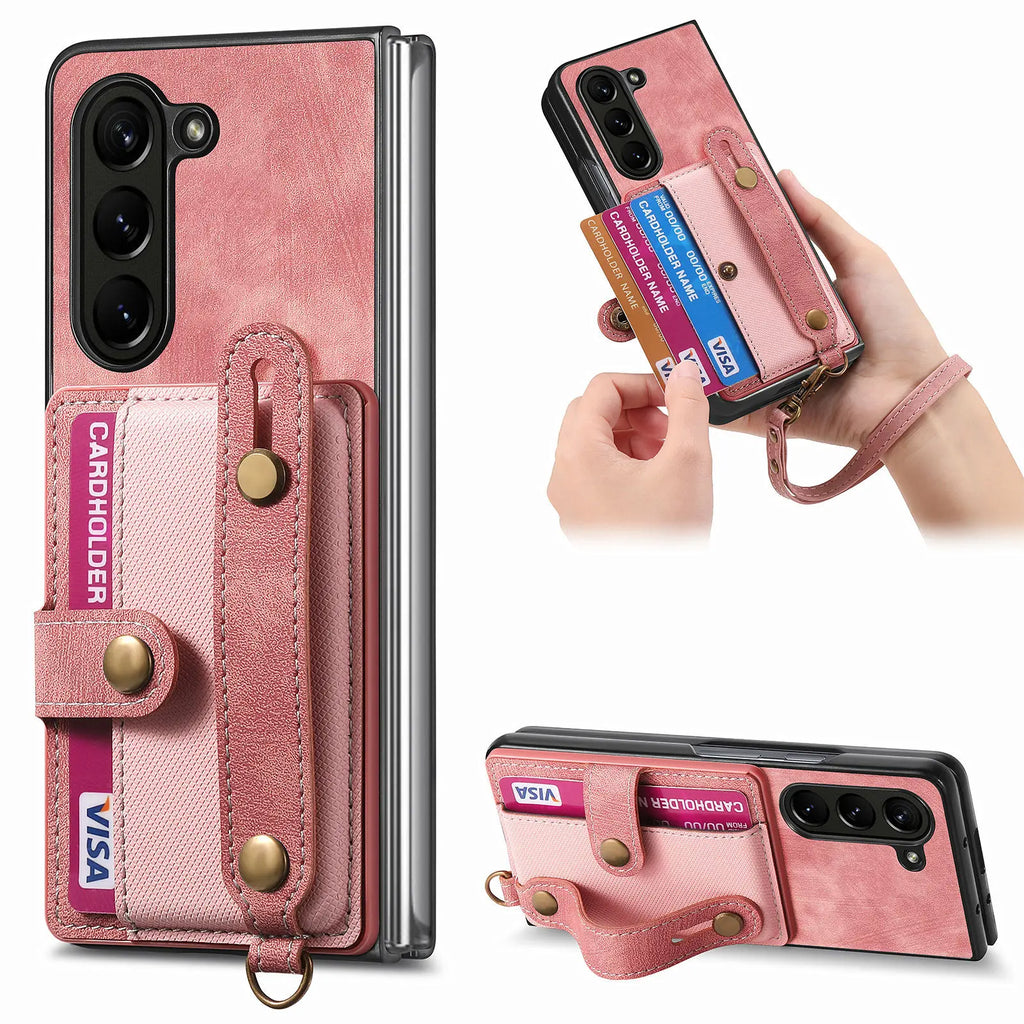PU Leather Phone Case for Samsung Galaxy Z Fold 7 6 5 4 3 zfold7 zfold6 Card Storage Wallet Protective Cover with Lanyard XL003