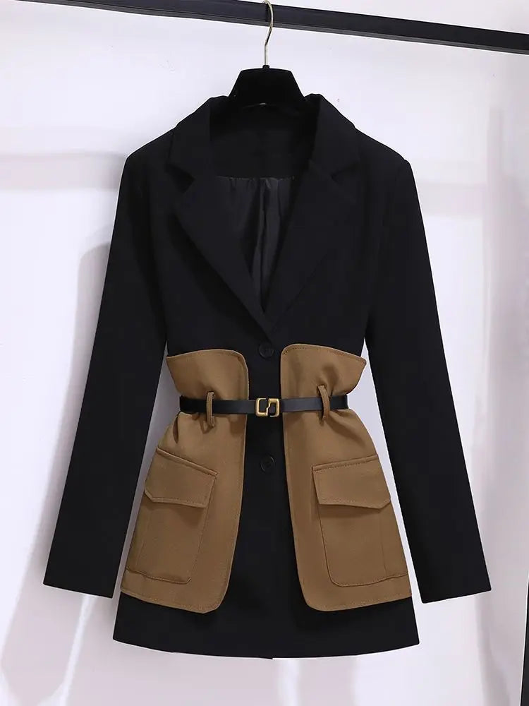 2025 Spring Belt Decorative Patchwork Jacket Blazer Casual Expansion Crying Two-piece Elegant Women Pants Suit Office Outfits