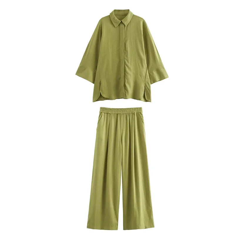 MUJER 2025 Women Pants Sets Oversize Casual Shirt Fashion Linen Set Woman Two Pieces Wide Leg Baggy Pants Suit Summer Outfit