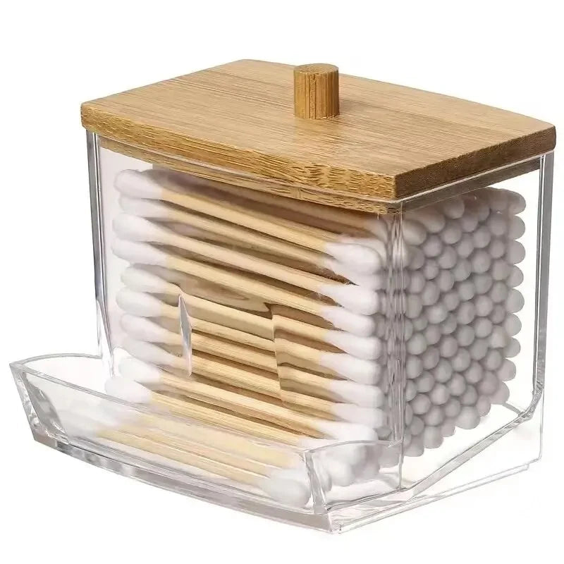 Cotton Swab Storage Box Double-Ended Cotton Swab Container Transparent Square Bamboo Lid Cotton Swab and Toothpick Organizer Box