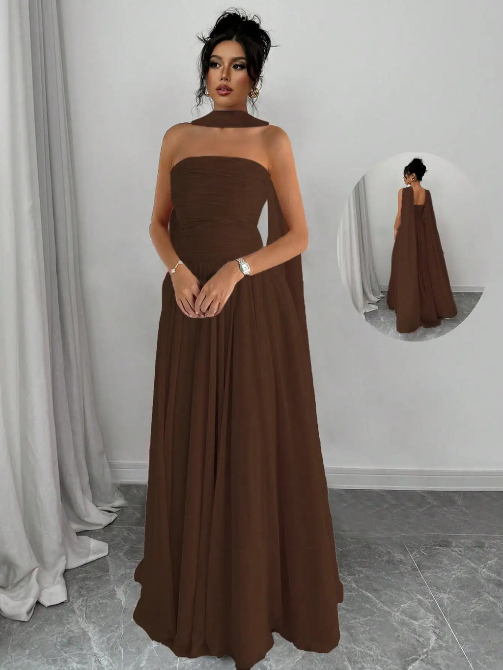 Elegant Solid Pink Sleeveless Maxi Dress With Backless Design And Draped Cape Overlay