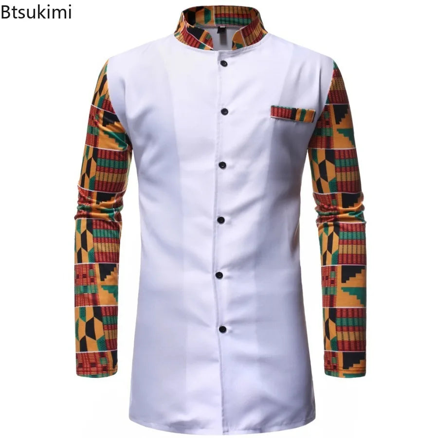 African Style Men's Two Piece Sets Fashion Patchwork Design Stand Collar Long Sleeve Shirt and Pants Male African Dashiki Outfit