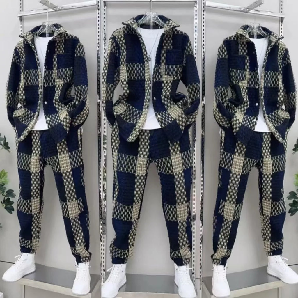Men's Casual Navy & Beige Textured Plaid Two-Piece Set Lapel Shirt & Jogger Pants Leisure Outfit