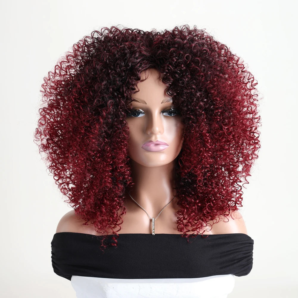 16 Inch Afro Kinky Curly Hair Wigs With Bangs Soft Fluffy Synthetic Fiber None Lace Wigs For Party Cosplay Daily Use
