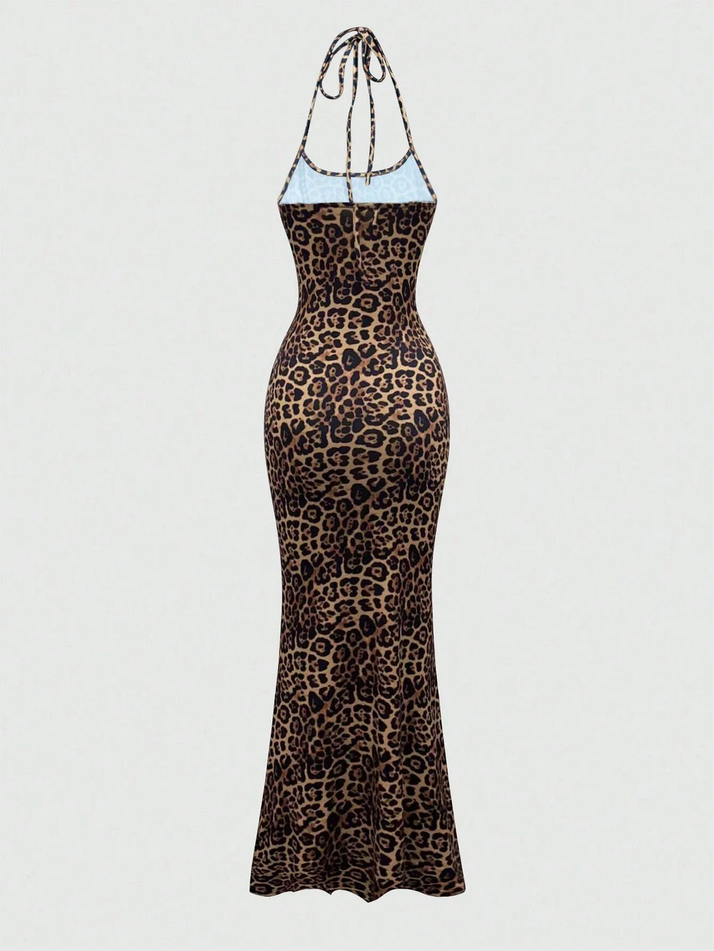 Sweetra Women's Leopard Print Mermaid Hem Fitted Elegant Halter Neck Dress Maxi Women Outfit