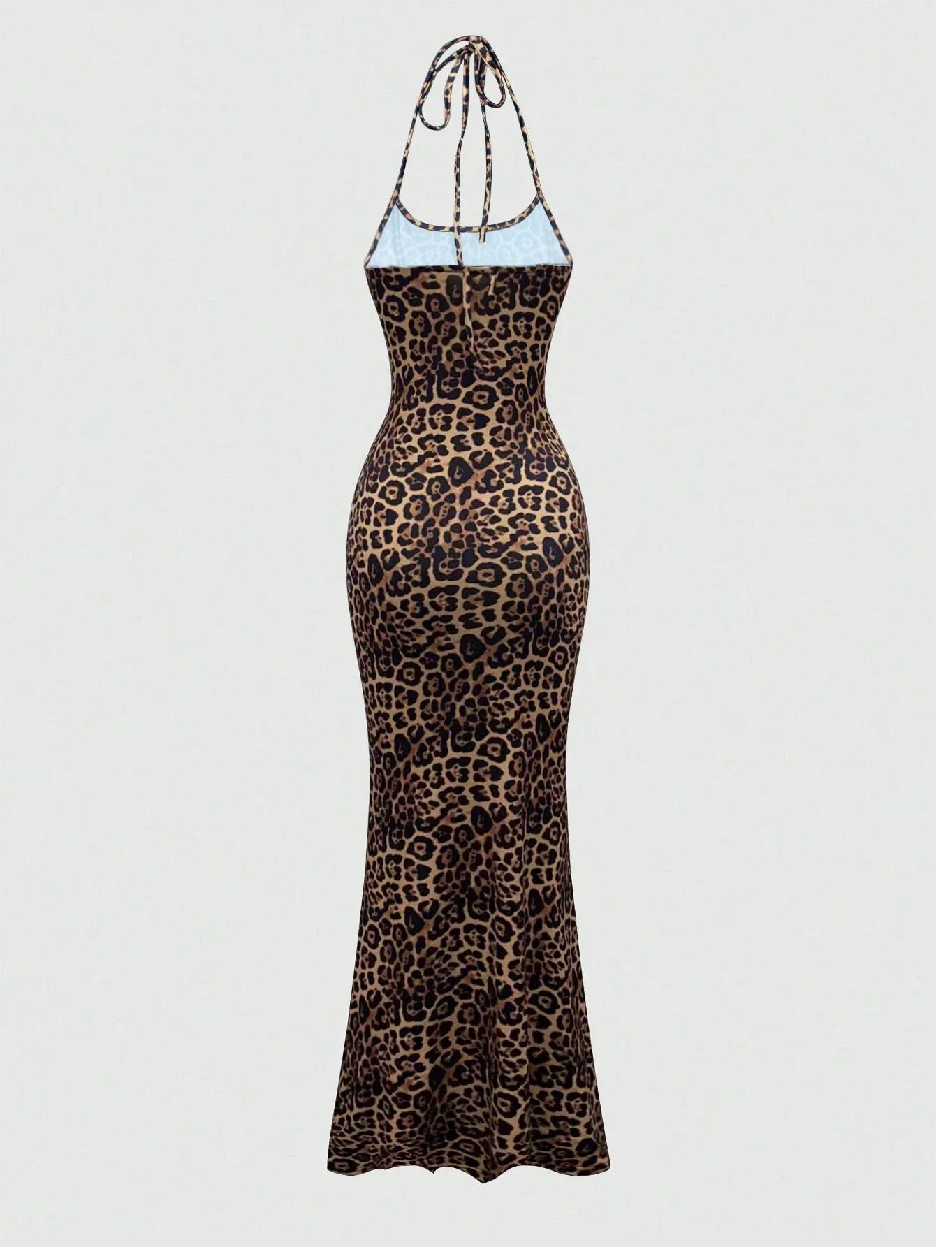 Sweetra Women's Leopard Print Mermaid Hem Fitted Elegant Halter Neck Dress Maxi Women Outfit