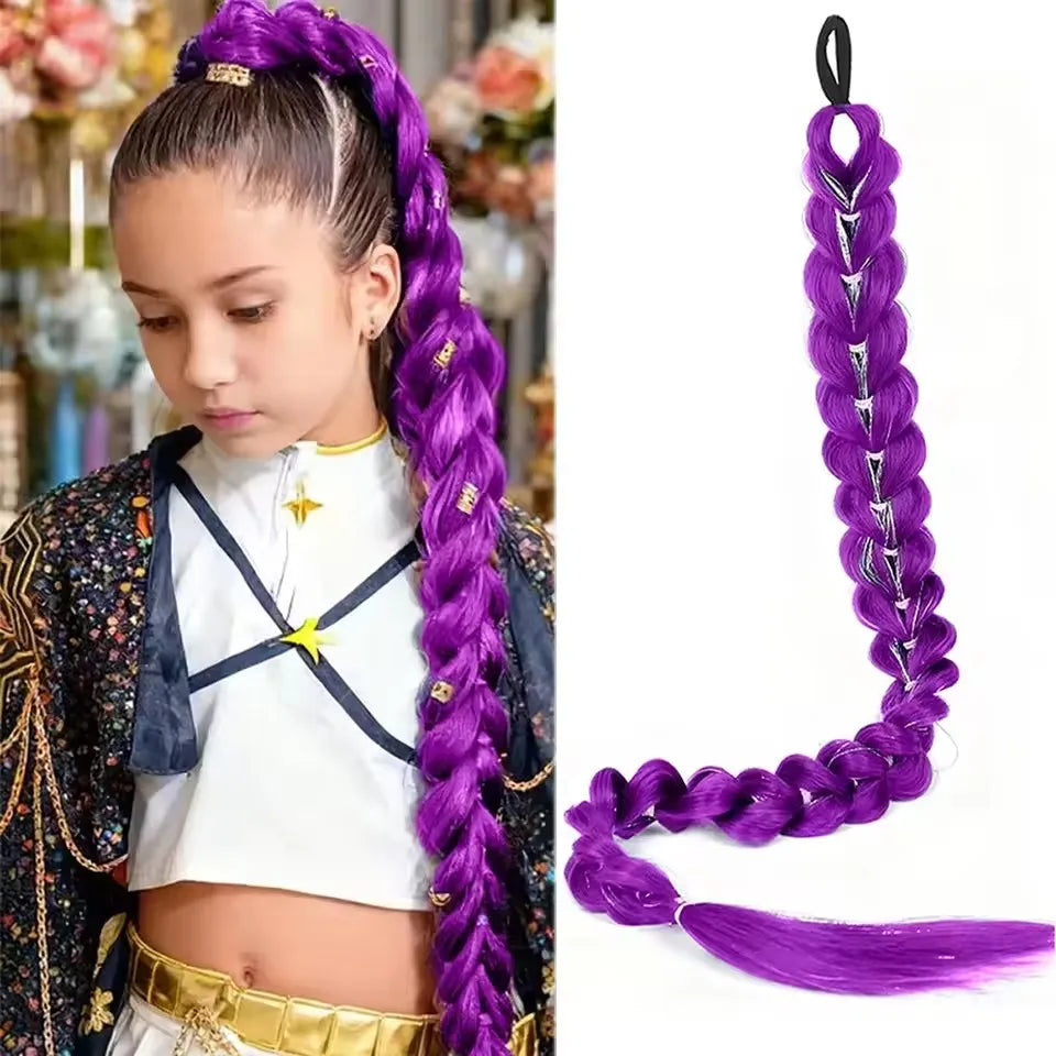 32inch Braided Purple Synthetic Ponytail with Tinsel Hair Wig Super Extensions Shiny Tinsel Hair for Kids Christmas Cosplay Hair