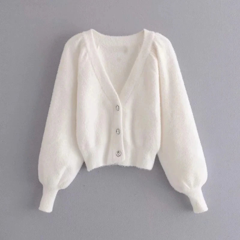 Taruxy Women Two Piece Sets Outfits White Plush Mohair Drill Button Cardigan Coats With Bra Tops And Mini Shorts Matching Sets