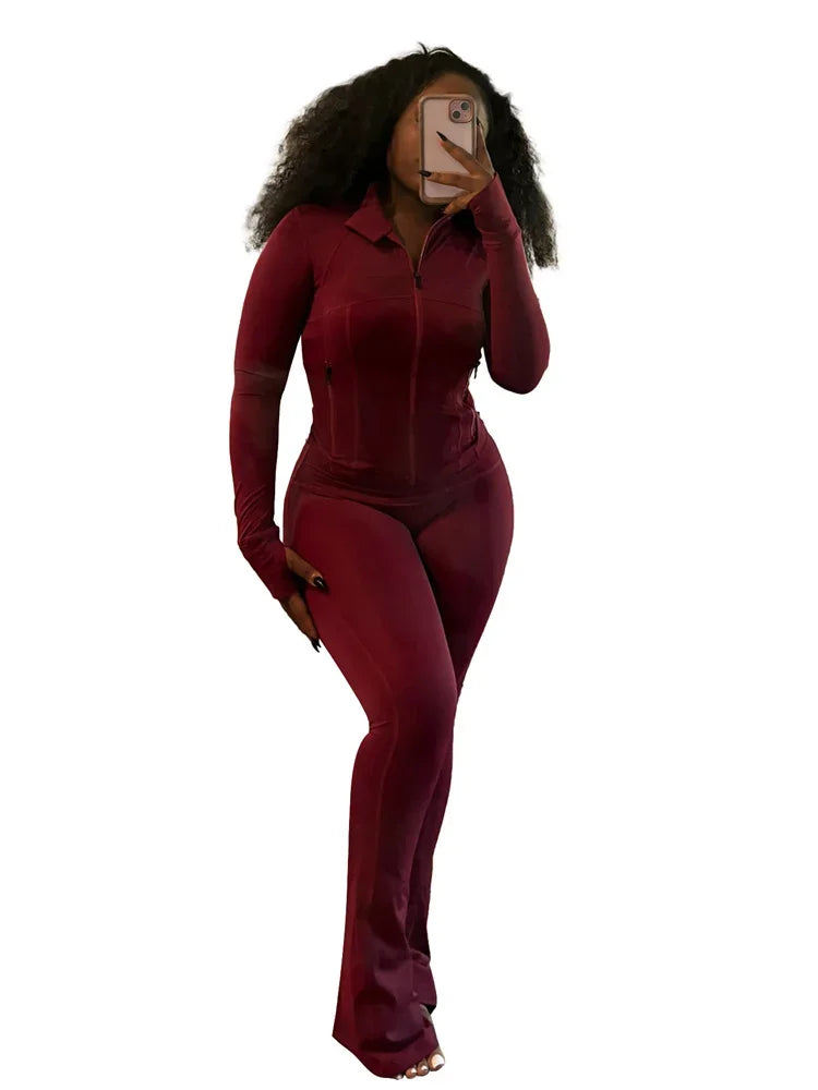 Elegant Sports Women Clothing Sales Long Sleeve Tops Flare Pants 2 Two Pieces Sets Tracksuit Streetwear Jogging Leggings Outfits