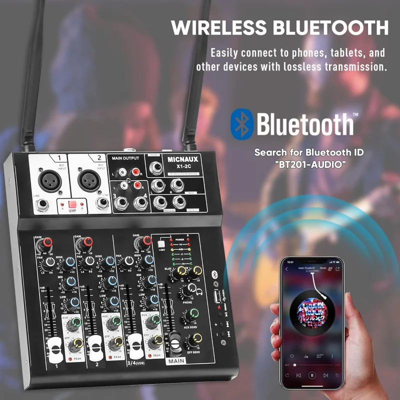 4 Channel Audio Mixer, Karaoke Mixer with Dual Wireless Microphones, Professional Sound Board DJ Mixing Bluetooth 48V Phantom