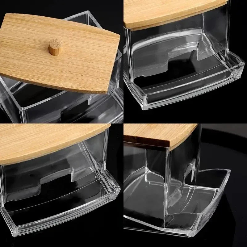 Cotton Swab Storage Box Double-Ended Cotton Swab Container Transparent Square Bamboo Lid Cotton Swab and Toothpick Organizer Box
