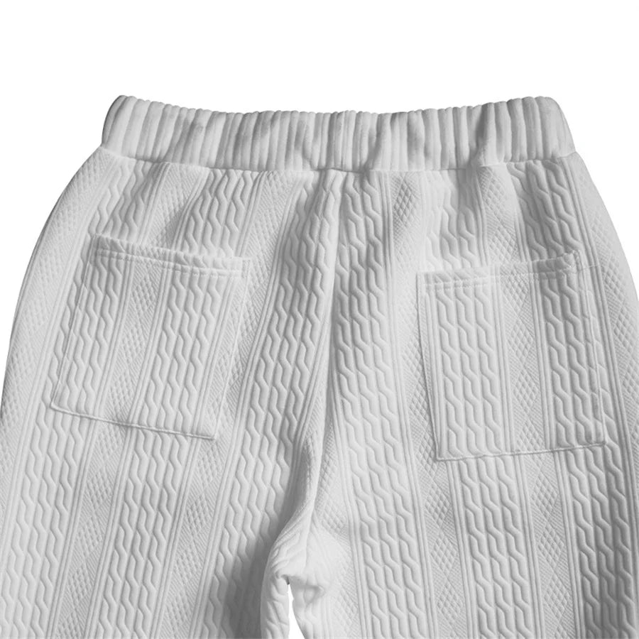 White Men's Casual Pants Sets Jacquard Two Piece Suits Male V-Neck Short Sleeve Tops and Long Pants Streetwear Fashion Outfits