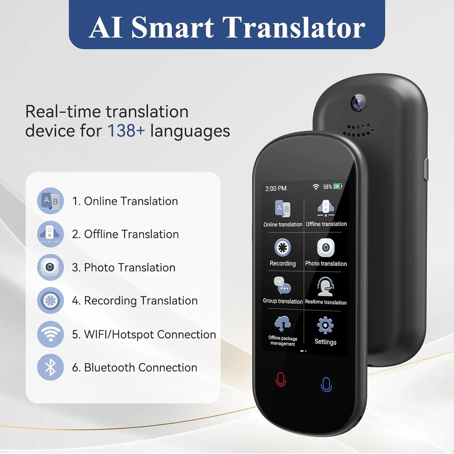 Two-Way AI Voice Translator Device for 150+ Languages, Offline & Photo Translation, Portable for Travel Business Learning