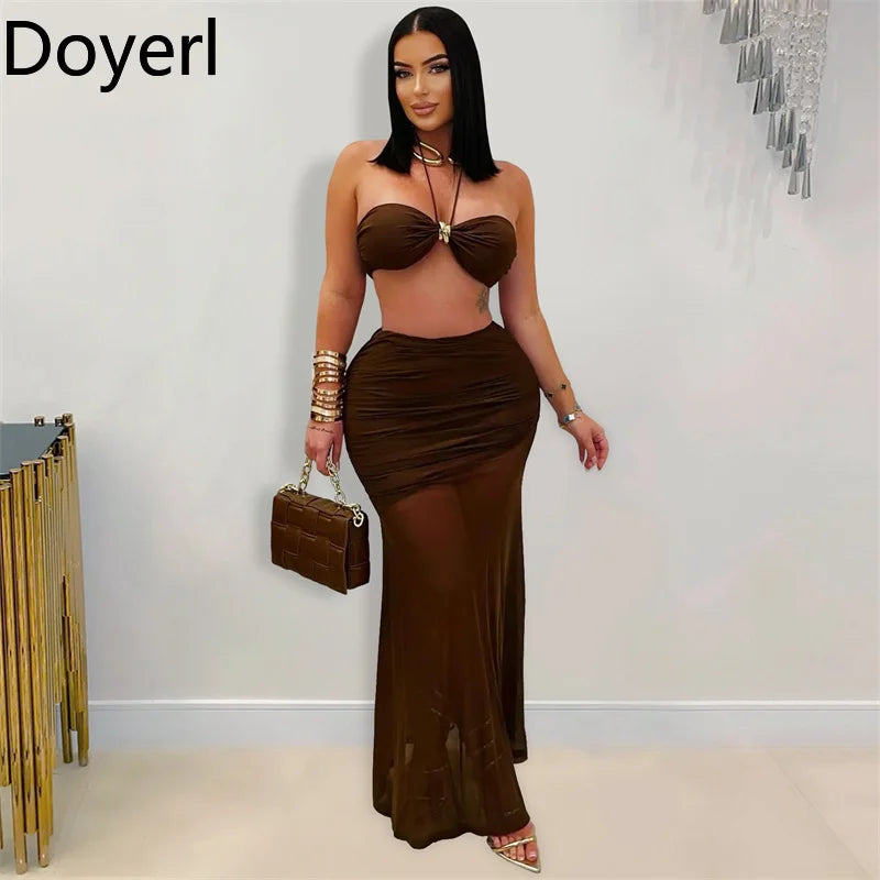 Sexy Outfits Women Two Piece Set Festival Clothing Holiday Club Mesh Sheer Ruched Halter Strapless Crop Top and Long Skirt Sets
