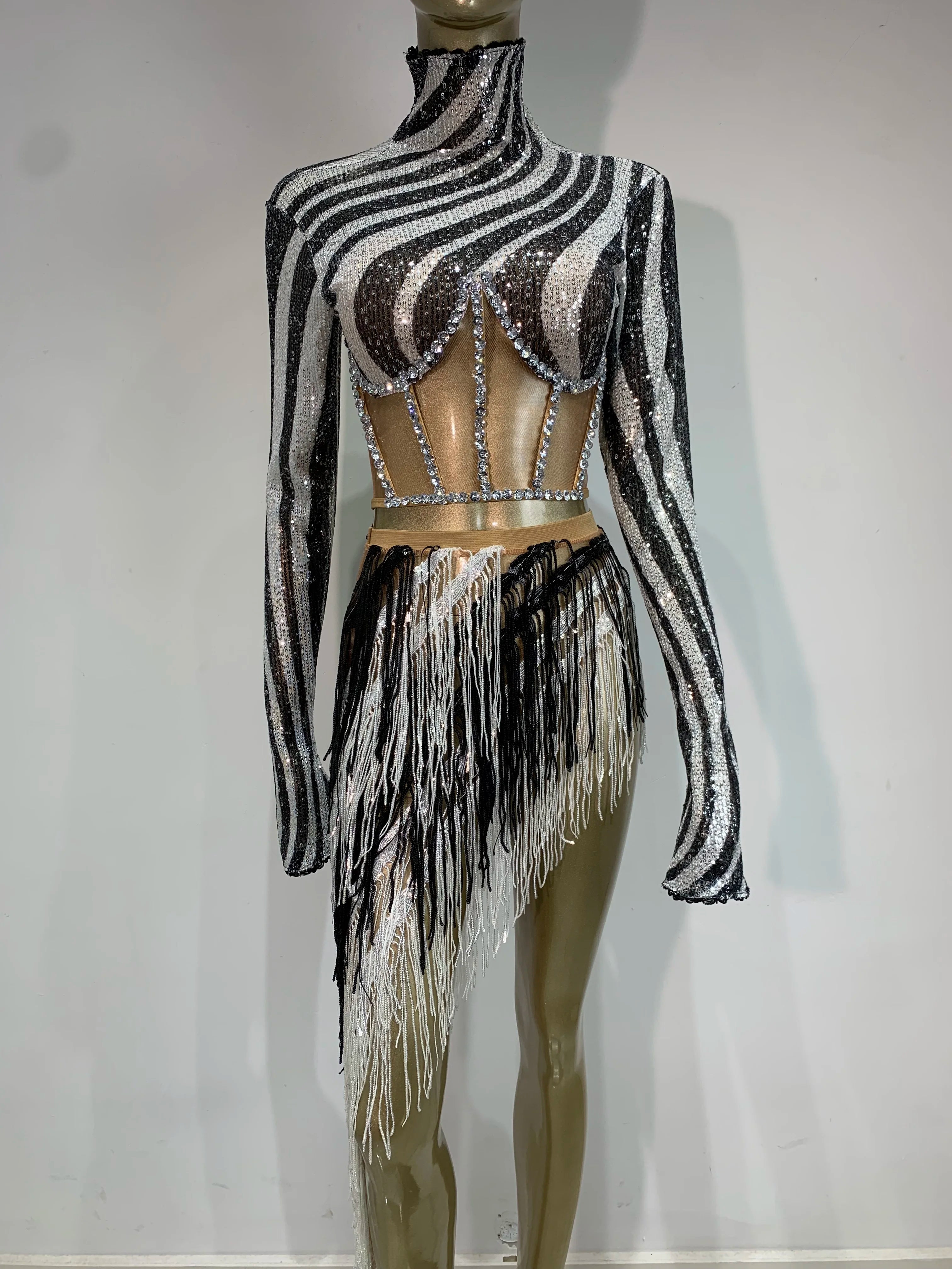 Women Sexy Sparkly Rhinestone Tassel Party Two Piece Set Women Birthday Nightclub Prom Crystal Fringe Leotard Dance Stage Outfit