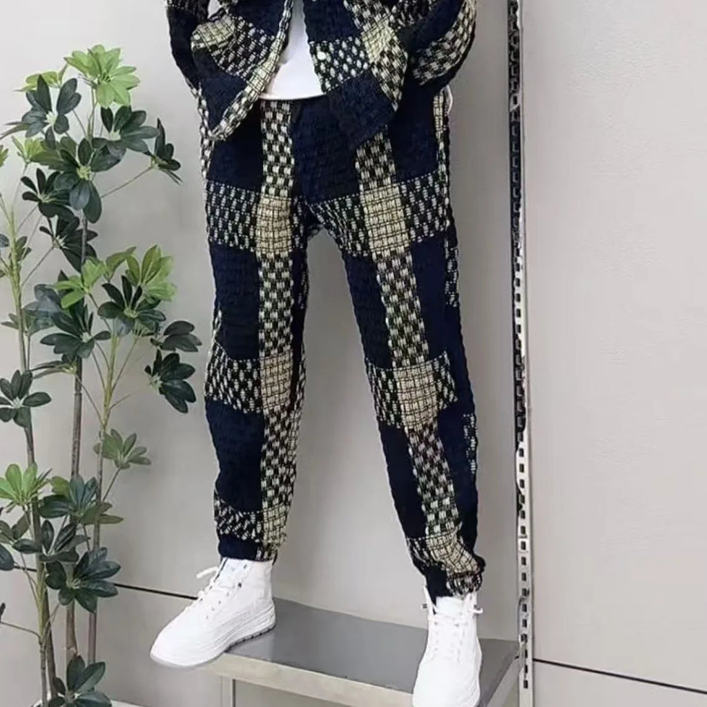 Men's Casual Navy & Beige Textured Plaid Two-Piece Set Lapel Shirt & Jogger Pants Leisure Outfit