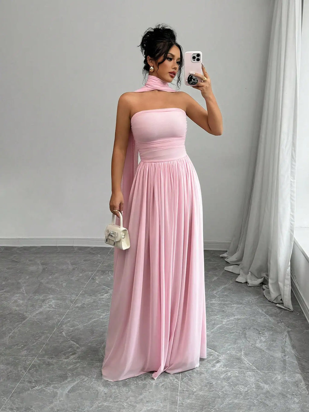 Elegant Solid Pink Sleeveless Maxi Dress With Backless Design And Draped Cape Overlay