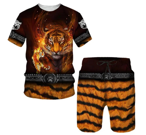 New Summer Men's Sets Shorts Outfits 3D Tiger Printed Short Sleeve T-shirt Two Pieces Casual Tracksuit Oversized Beach Sportwear
