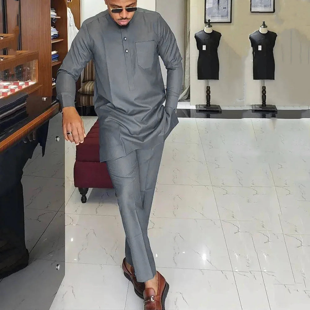 African Men Shirt Outfits Party Ethnic Pocket Splicing Africa Simple Long Sleeve Round Collar Blouse Pants Two Piece Suit