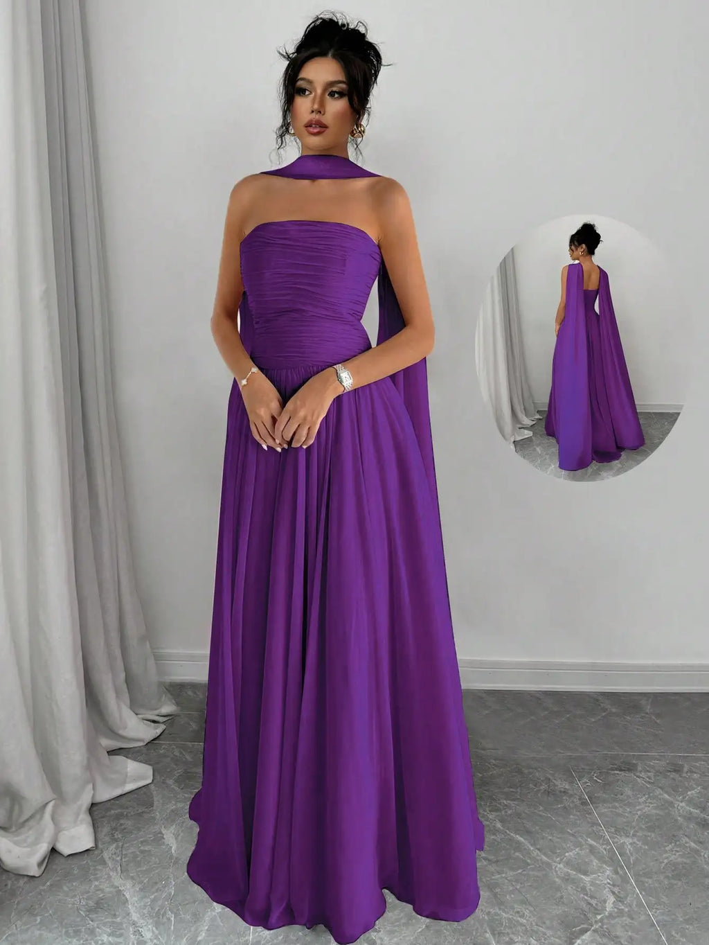 Elegant Solid Pink Sleeveless Maxi Dress With Backless Design And Draped Cape Overlay