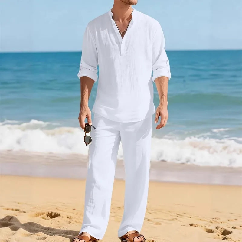 Men's Linen Solid Color Set Casual Long Sleeve Shirt Loose Pants Two Piece Outfit Beach Vacation Fashion