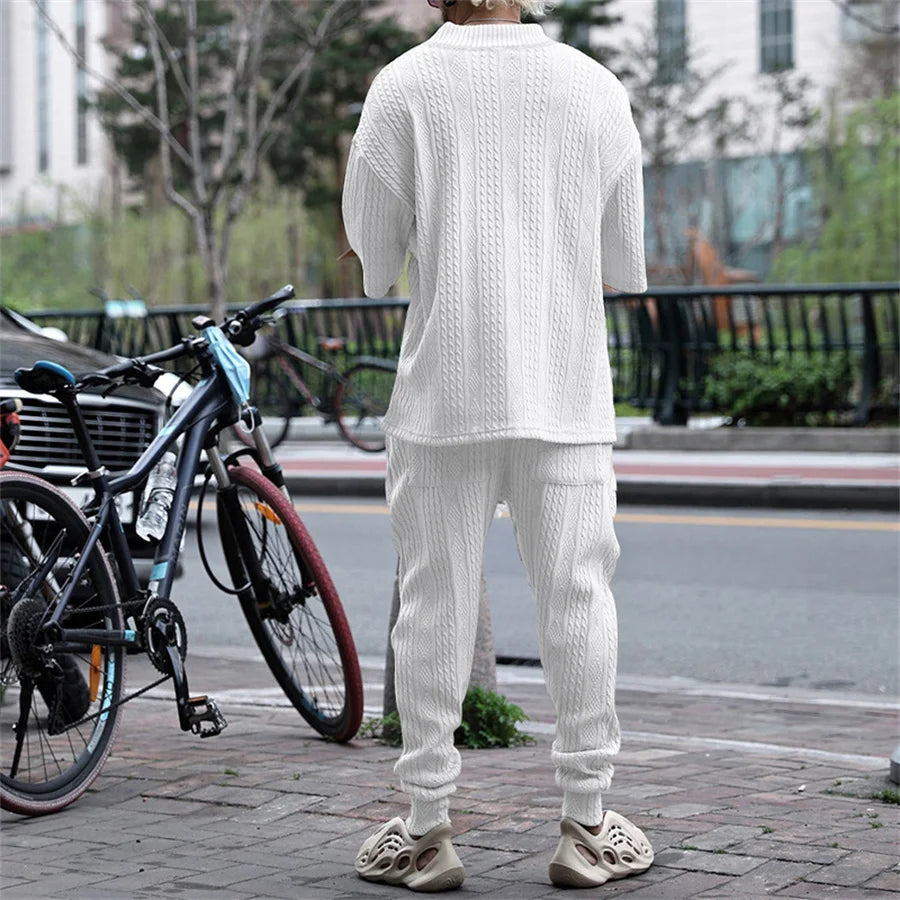 White Men's Casual Pants Sets Jacquard Two Piece Suits Male V-Neck Short Sleeve Tops and Long Pants Streetwear Fashion Outfits