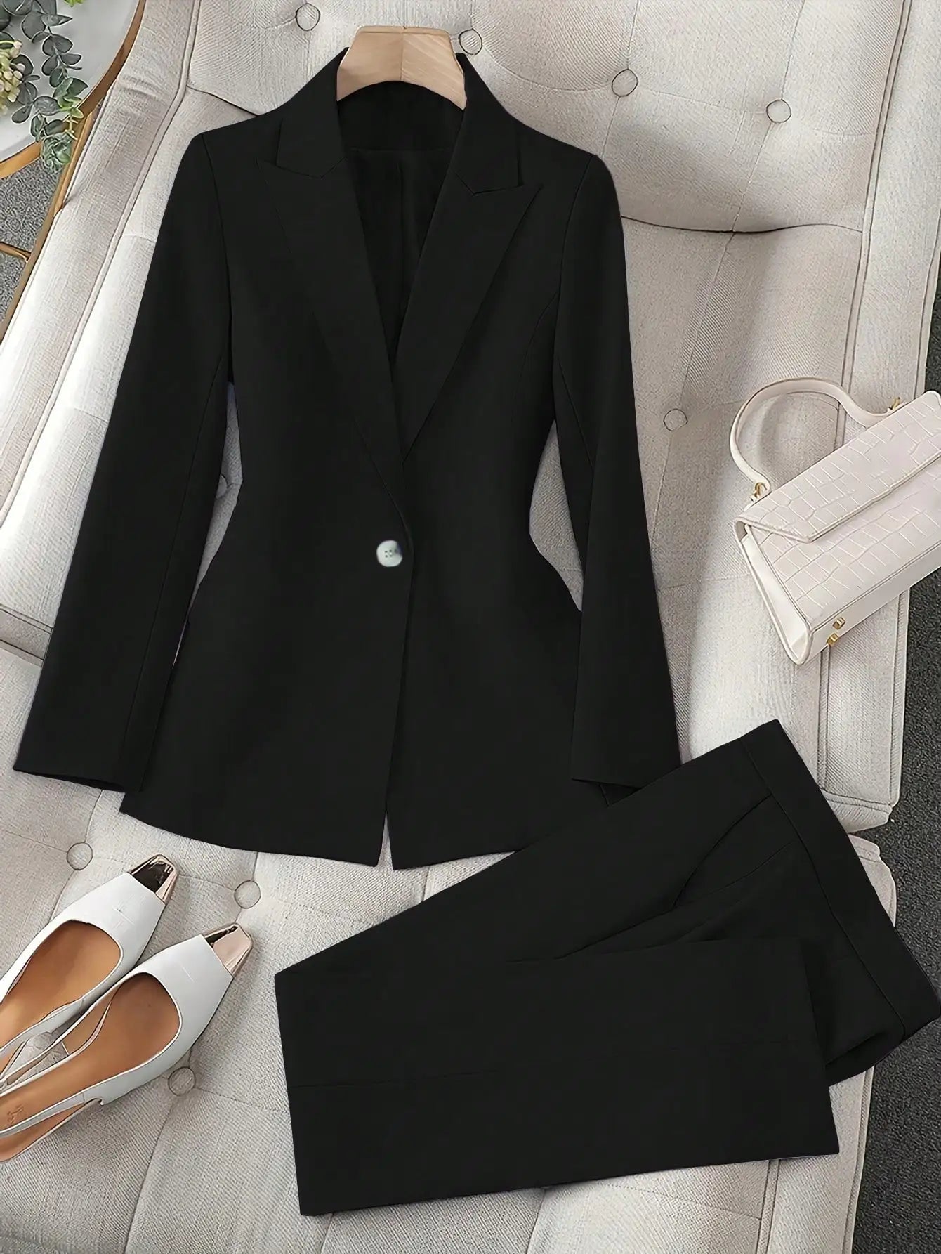 Women's Black Solid Color Two Piece Suit 2026 Long Sleeve Blazer & High Waist Cropped Pants Set Office Work Wear Outfit