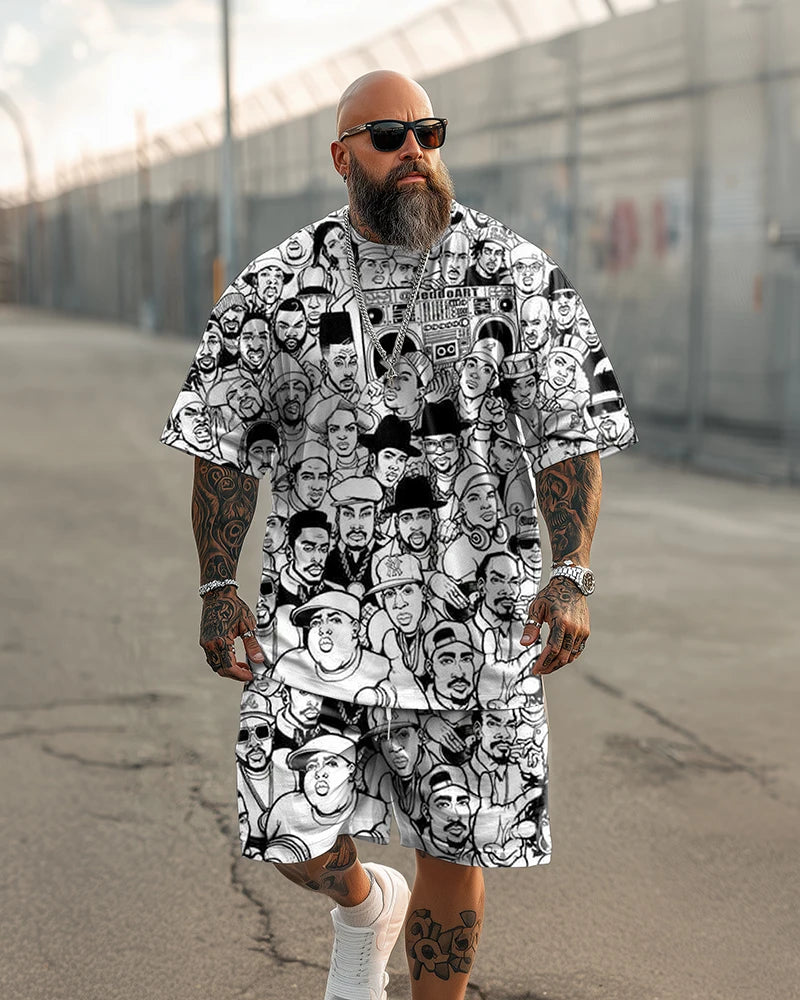 Men's Plus Size Summer Casual Outfit - All Over Print Hip-Hop Legends Short Sleeve T-Shirt and Shorts Two-Piece Set