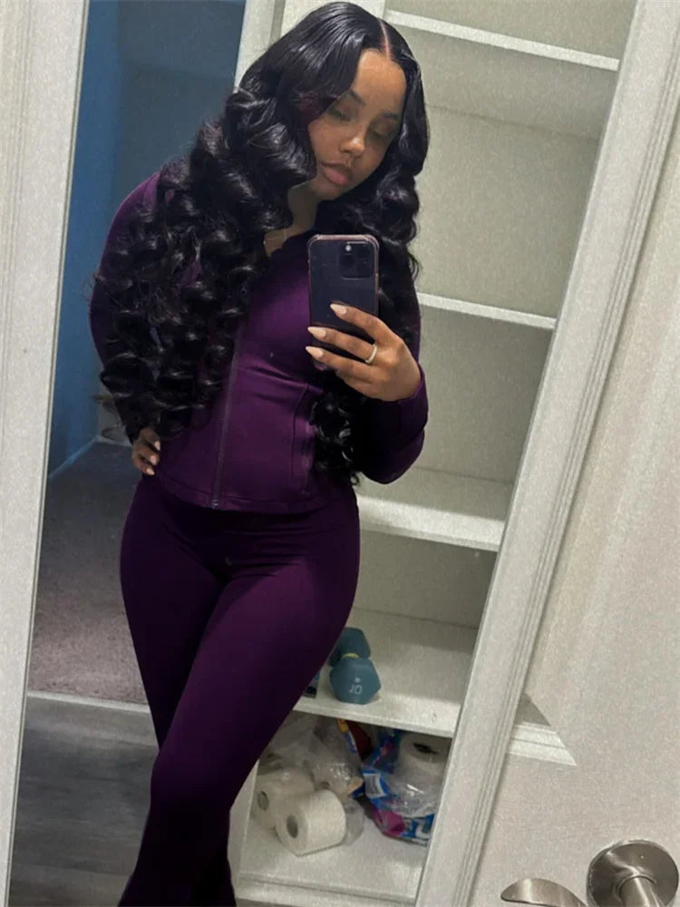 Elegant Sports Women Clothing Sales Long Sleeve Tops Flare Pants 2 Two Pieces Sets Tracksuit Streetwear Jogging Leggings Outfits