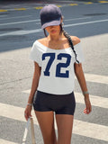 Women Off-Shoulder Short Sleeve T-Shirt With Number Print