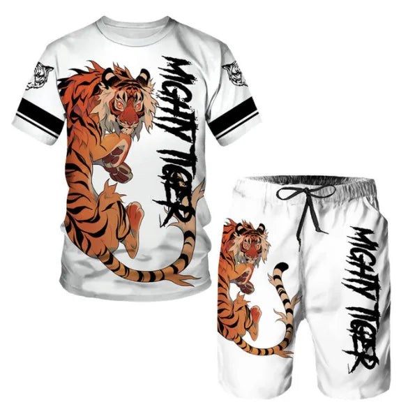 New Summer Men's Sets Shorts Outfits 3D Tiger Printed Short Sleeve T-shirt Two Pieces Casual Tracksuit Oversized Beach Sportwear