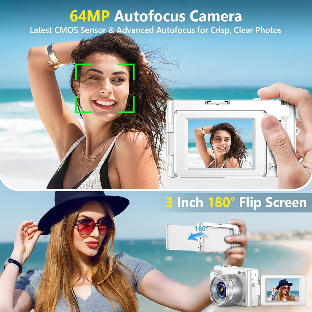 4K WiFi Vlogging Camera with 64MP, Autofocus, Flip Screen, Anti-Shake for Travel and YouTube