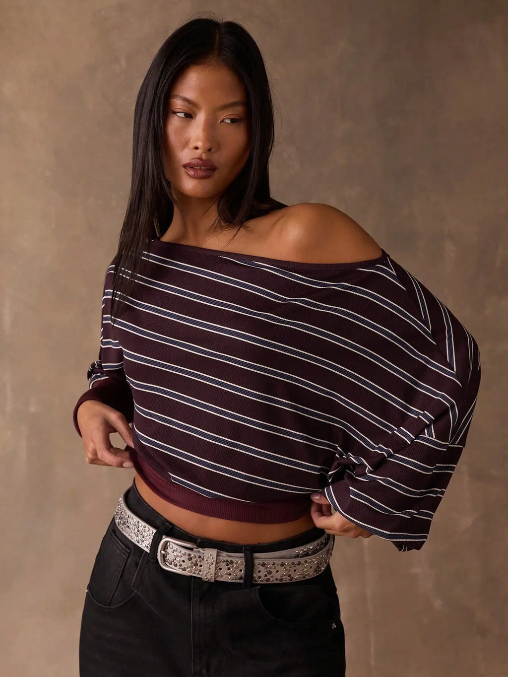 Women's Off-Shoulder Striped Long Sleeve Crop Top Casual Loose Fit Burgundy