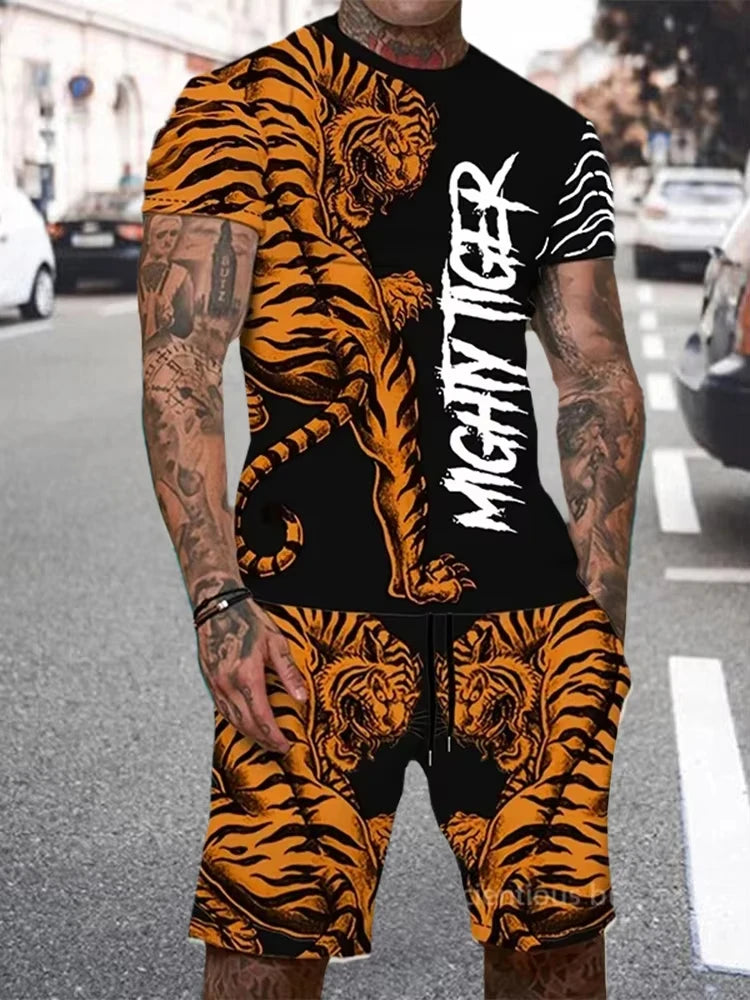 Summer Men Sets Shorts Outfits Male Tees Street T Shirt Two Piece 3D Lion Print Casual O-Neck Tracksuit Oversized Beach T Shirt