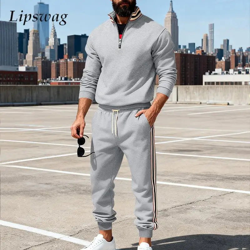 New Casual Mens Tracksuits Autumn Winter Fashion Striped Patchwork Two Piece Sets Men Stand Collar Sweatshirt And Pants Outfits