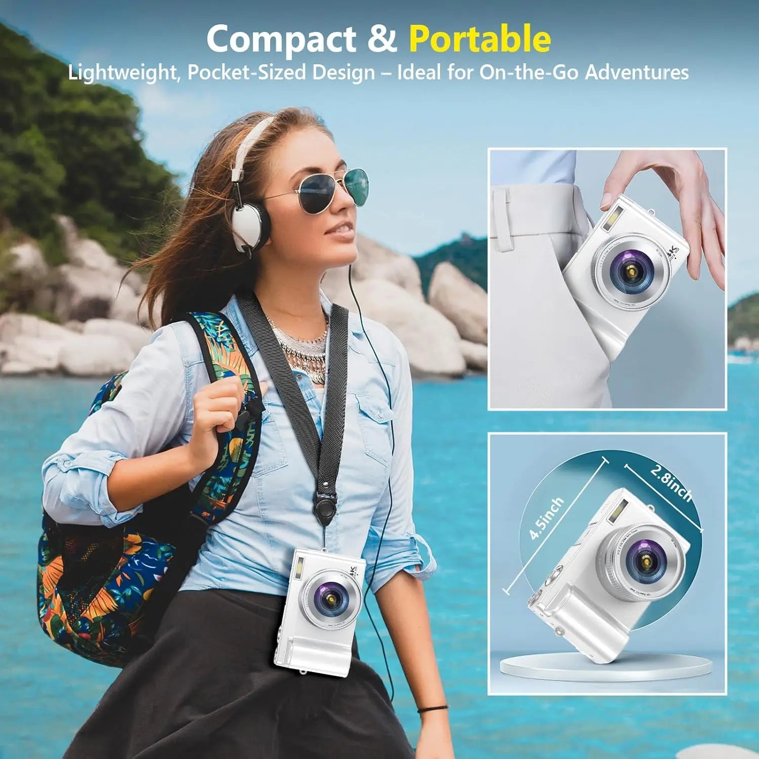 4K WiFi Vlogging Camera with 64MP, Autofocus, Flip Screen, Anti-Shake for Travel and YouTube