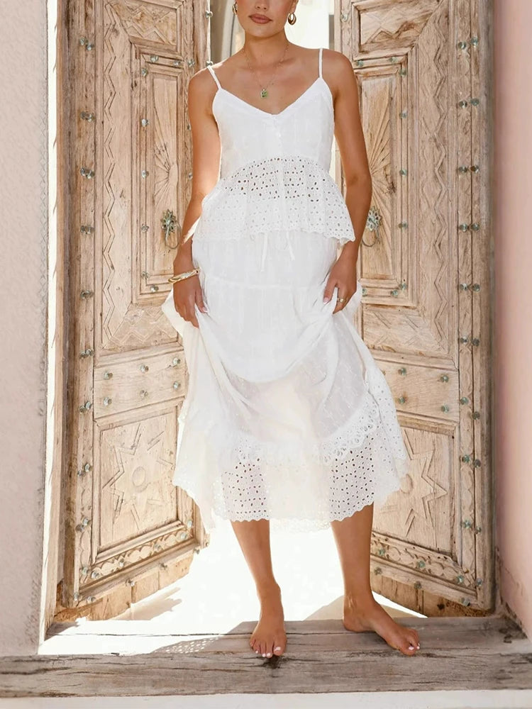 White Lace 2026 Vacation Women Suit Casual Hollowed Out Backless Beach Outfit Sexy V-neck Sleeveless Top and Skirt Two Piece Set