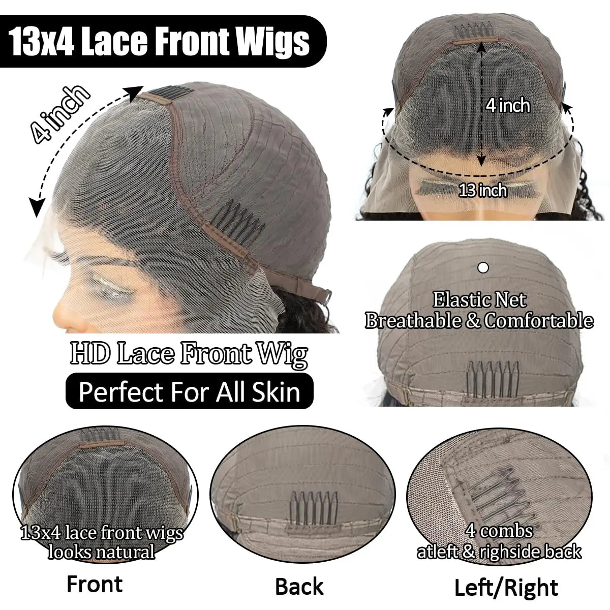 Deep Wave 13x4 Lace Frontal Bob Wig 200% Density Brazilian Pre Plucked Virgin Hair 100% Human Hair Wigs #1B lnvisible Lace Wigs