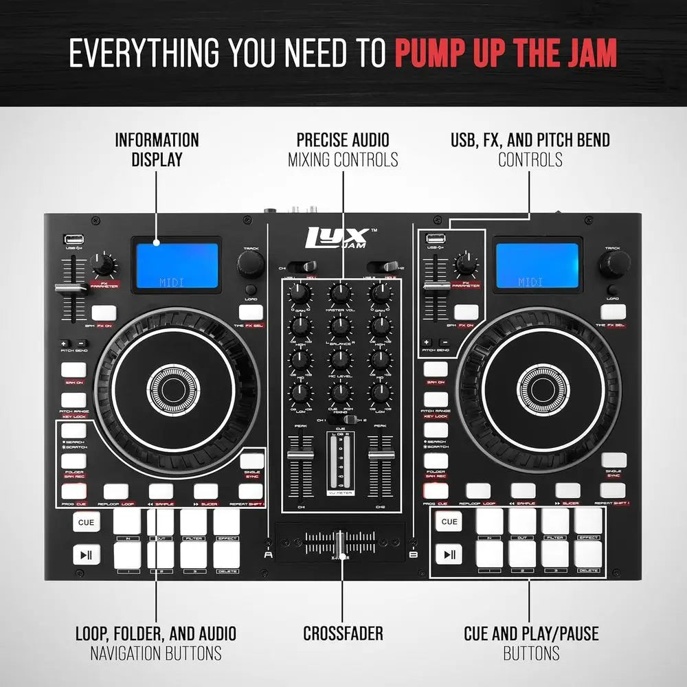 2-Deck Portable DJ Controller, Mixing ole with LCD Display | Manual Looping, USB, MIC Input, Record Output, 16 Perormance Pads w