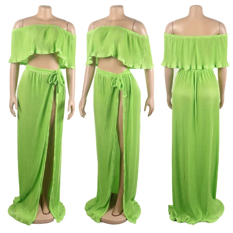 Vacation Two Piece Set for Women Maxi Dress Sets Clubwear Slash Neck Ruffles Crop Top and Long Skirts Sexy Night Club Outfits