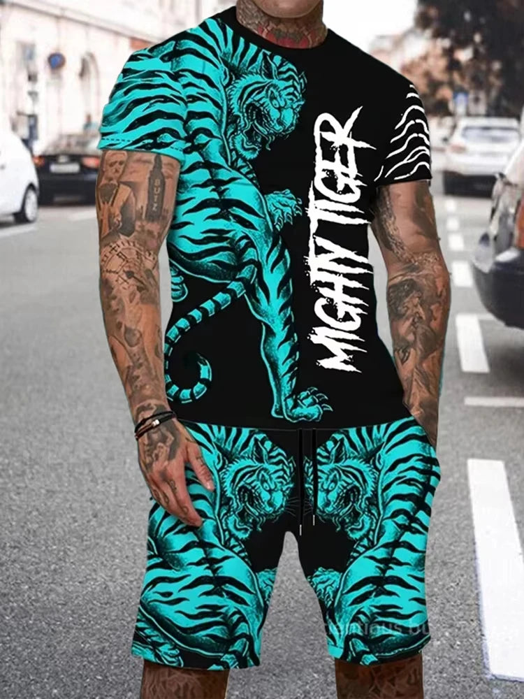 Summer Men Sets Shorts Outfits Male Tees Street T Shirt Two Piece 3D Lion Print Casual O-Neck Tracksuit Oversized Beach T Shirt