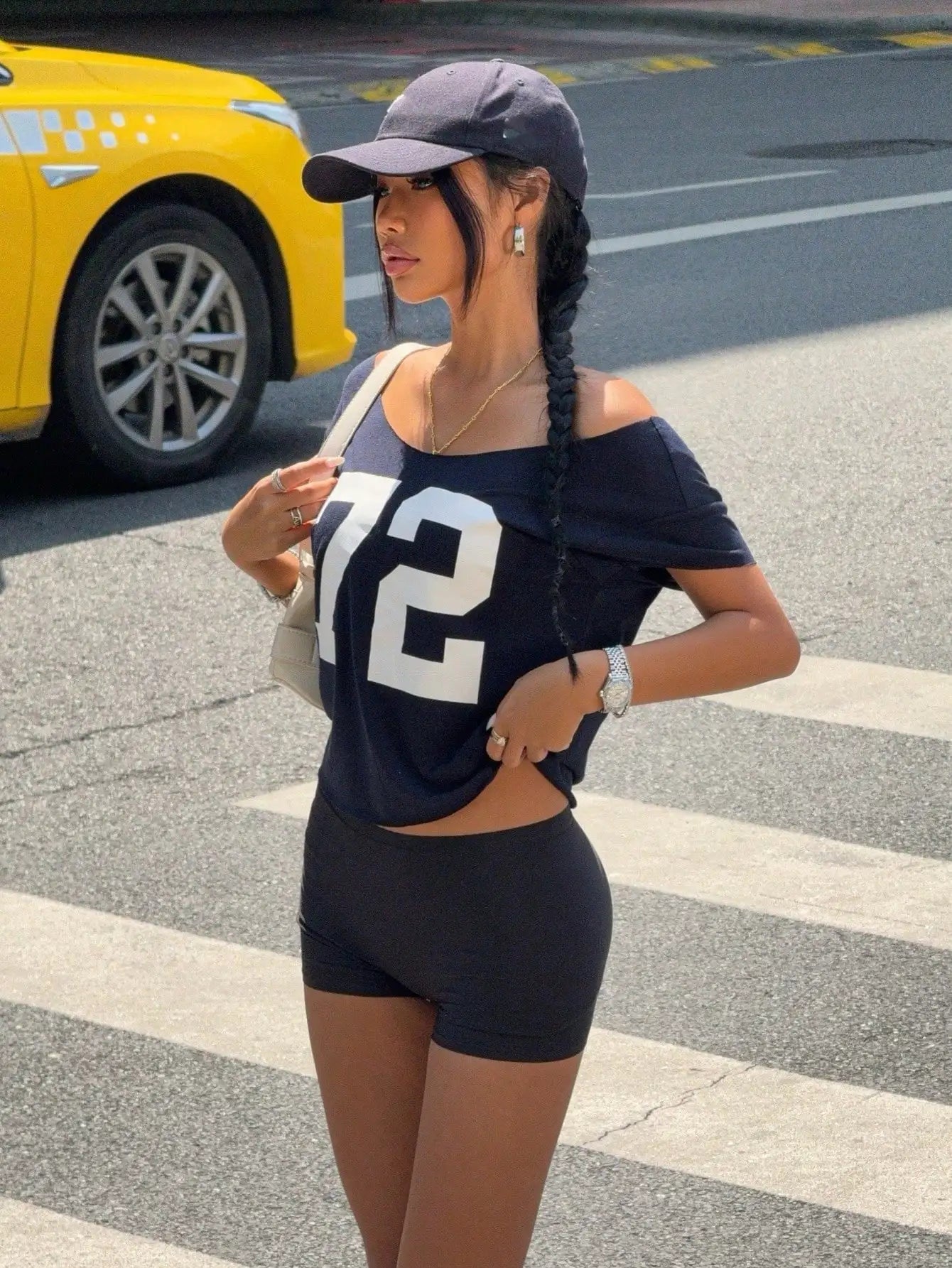 Women Off-Shoulder Short Sleeve T-Shirt With Number Print
