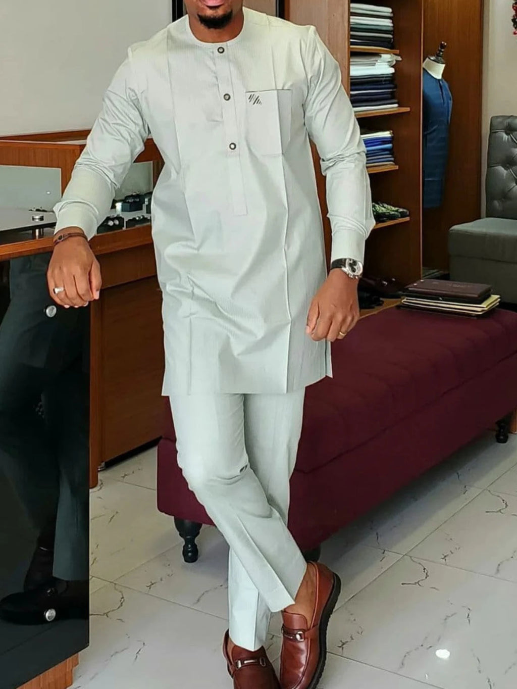 African Men Shirt Outfits Party Ethnic Pocket Splicing Africa Simple Long Sleeve Round Collar Blouse Pants Two Piece Suit