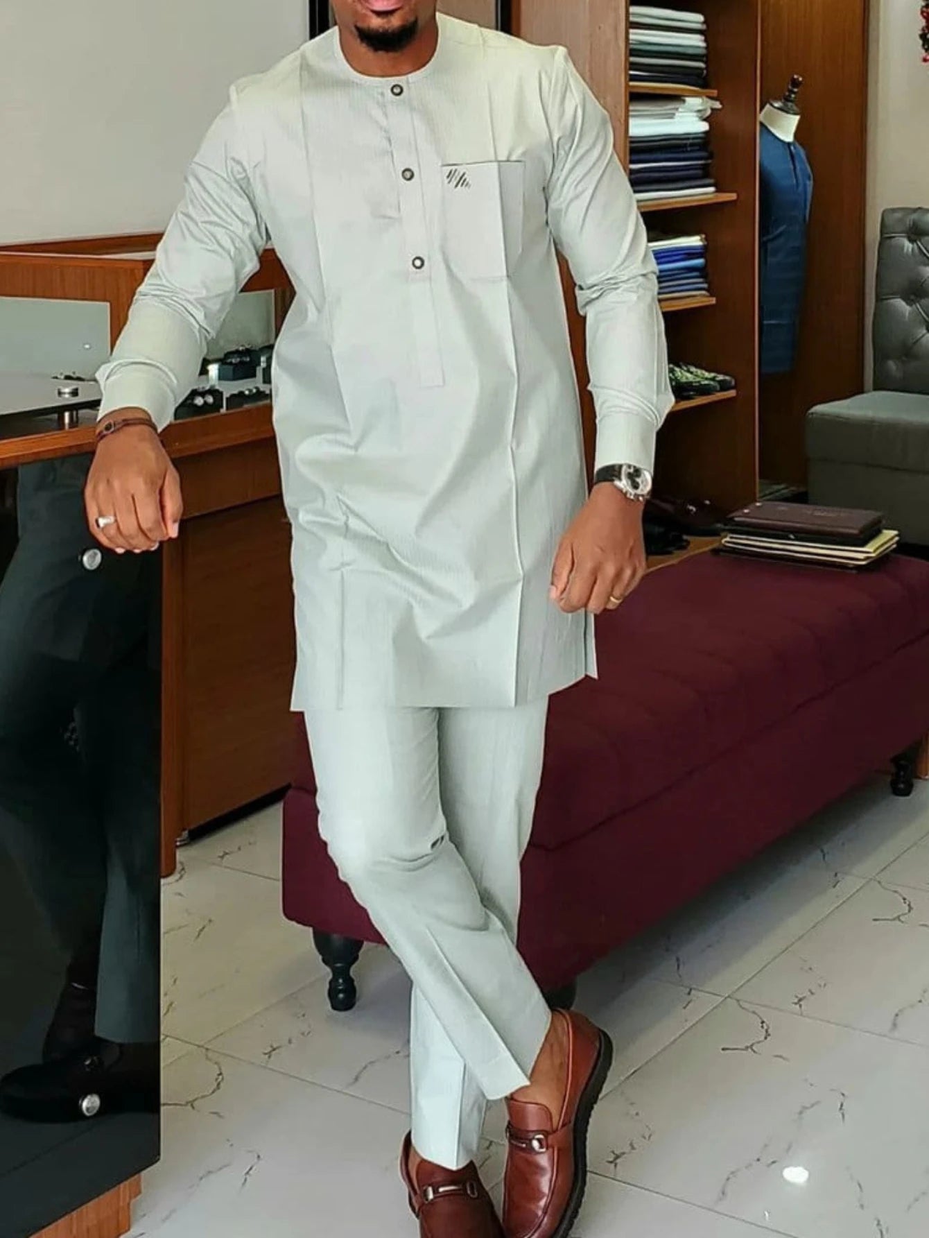 African Men Shirt Outfits Party Ethnic Pocket Splicing Africa Simple Long Sleeve Round Collar Blouse Pants Two Piece Suit