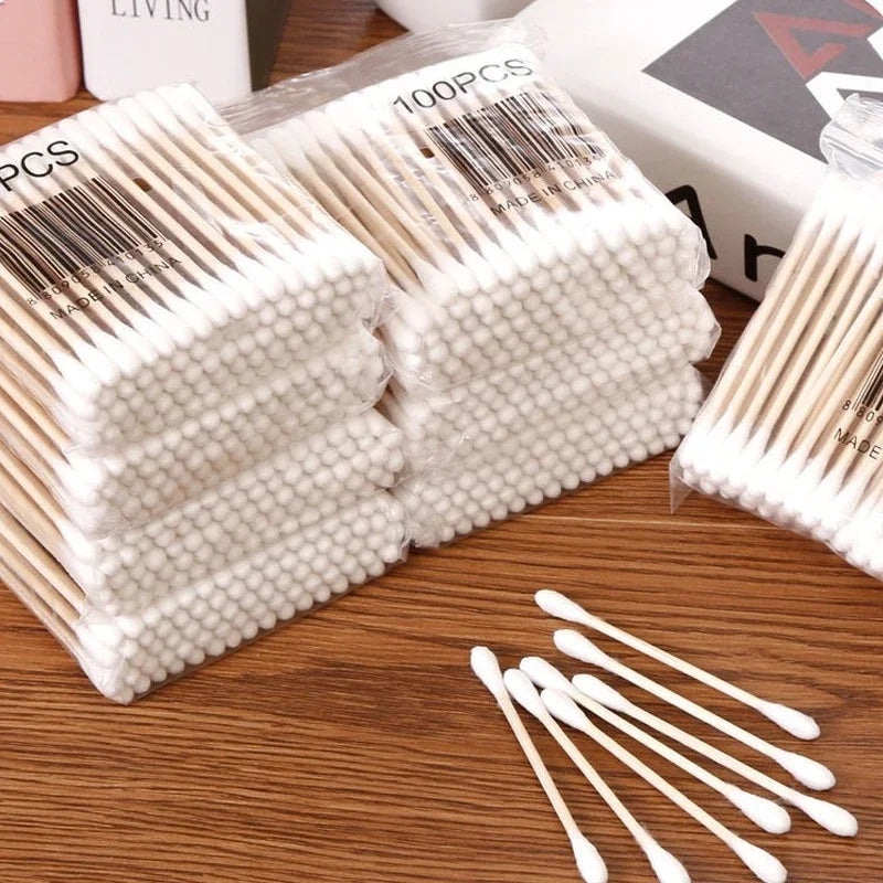Cotton Swab Storage Box Double-Ended Cotton Swab Container Transparent Square Bamboo Lid Cotton Swab and Toothpick Organizer Box