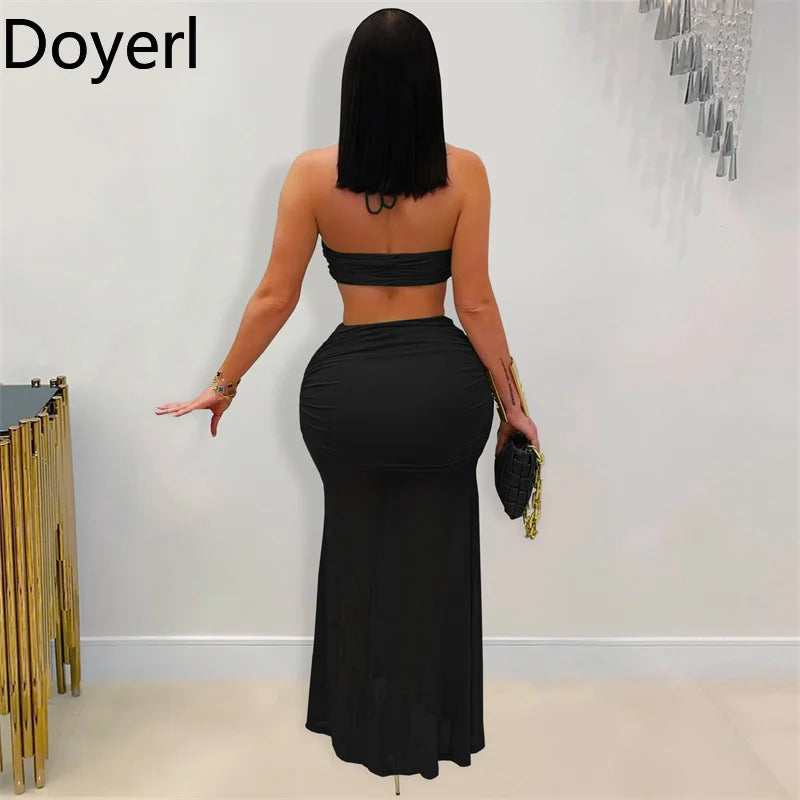 Sexy Outfits Women Two Piece Set Festival Clothing Holiday Club Mesh Sheer Ruched Halter Strapless Crop Top and Long Skirt Sets