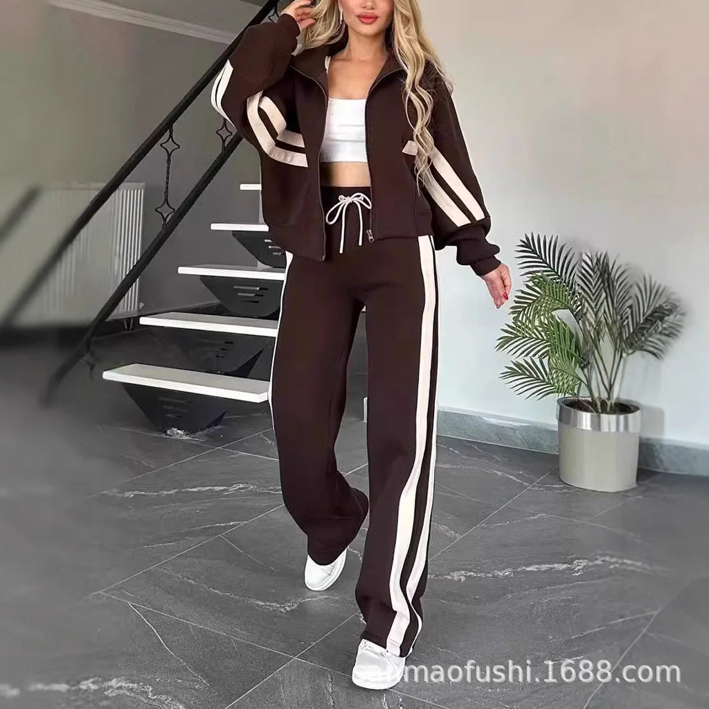 Striped Zipper Coat+sweatpants Two Piece Set Women Casual Batwing Sleeve Sports Jacket Outfits Autumn Winter Sweatshirt Suit Y2K