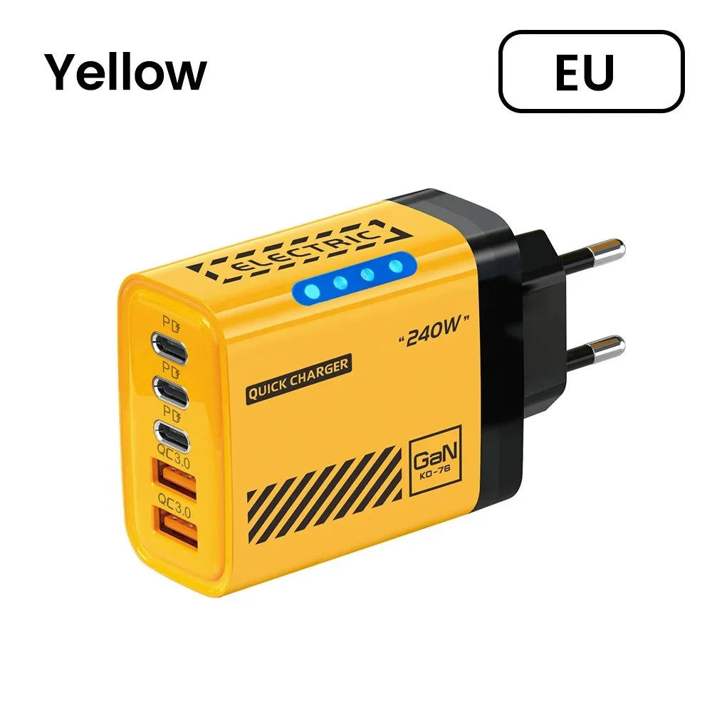 GaN 240W USB C Wall Charger 5 Ports PD QC3.0 Fast Charge Phone Adapter for iPhone 17 16 15 Samsung Xiaomi Huawei EU/US/UK Plug
